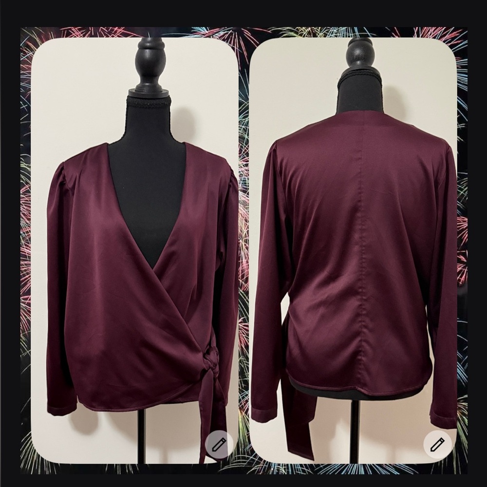 Women’s Elegant Ann Taylor Long Sleeve Burgundy Wrap Blouse-size L